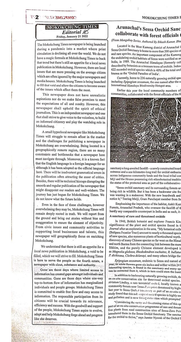 abumetha's tweet photo. Good to see a local newspaper launched in Mokokchung. An alert &amp; vibrant media is the foundation for democracy to succeed.Wishing the @Mkg_Times team all success while urging the local community to extend support so that the newspaper contributes towards the good of society. https://t.co/woVTq5u9F9