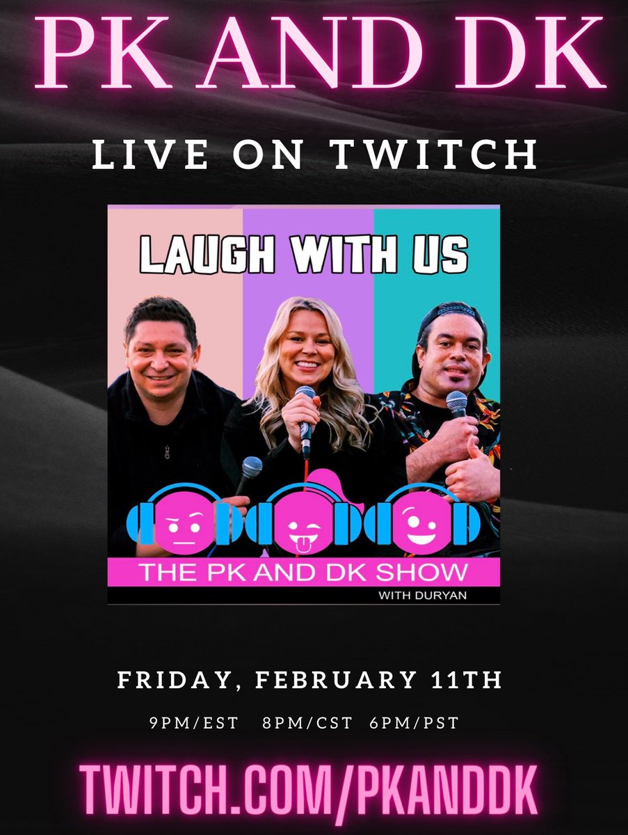 SAVE THE DATE ⏰! 

Friday, February 11th at 9e/8c/6p

It’s #PKandDK live for the first time on <a href="/Twitch/">Twitch</a> ! 

Grab your friends, beverages and get ready to laugh along with PK, Denise &amp; Duryan!

Twitch.com/PKandDK