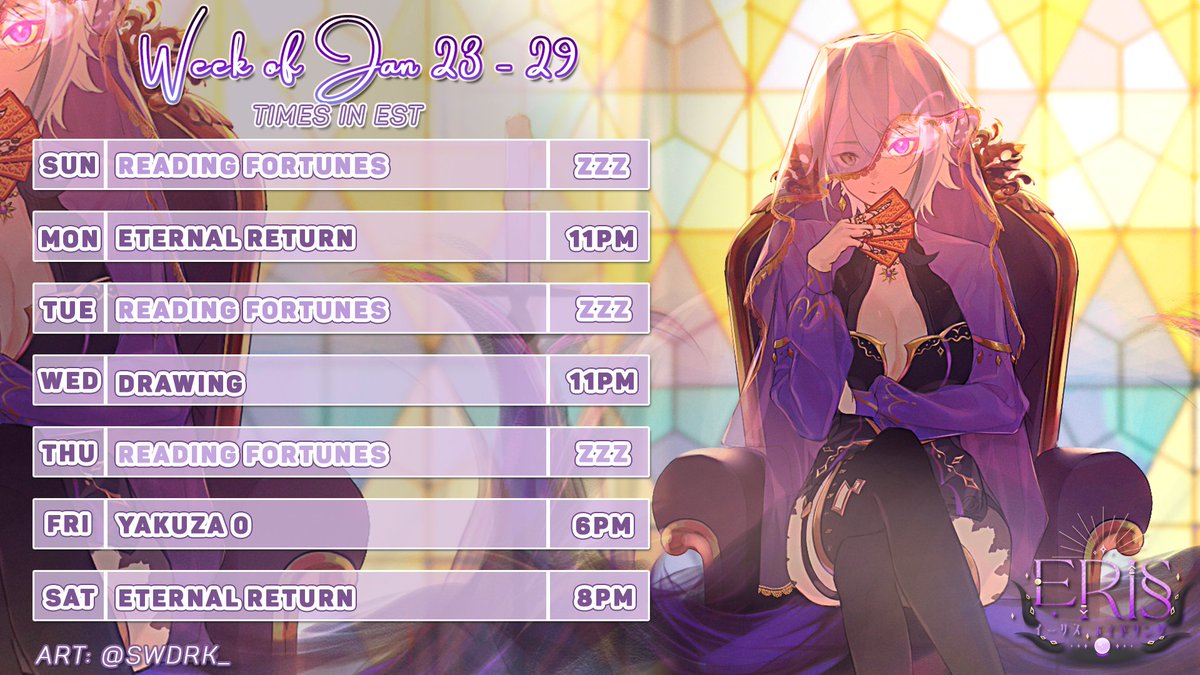 ErisVoidsong's tweet photo. 🔮WEEKLY SCHEDULE🔮
🌌 || 1/23 - 1/29 || 🌌
💜Live: #VoidOn
💜Meme: #MemEris
💜Art: #ArtOfTheVoid
💜NSFW: #VoidLewd https://t.co/UFyyo1qZqU