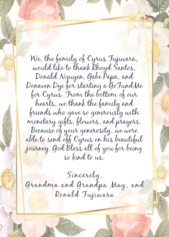 z0yde's tweet photo. I would like to thank everyone again for supporting Cyrus and his family. Below is a letter that his family wanted us to share. https://t.co/zRQrx0DmdA