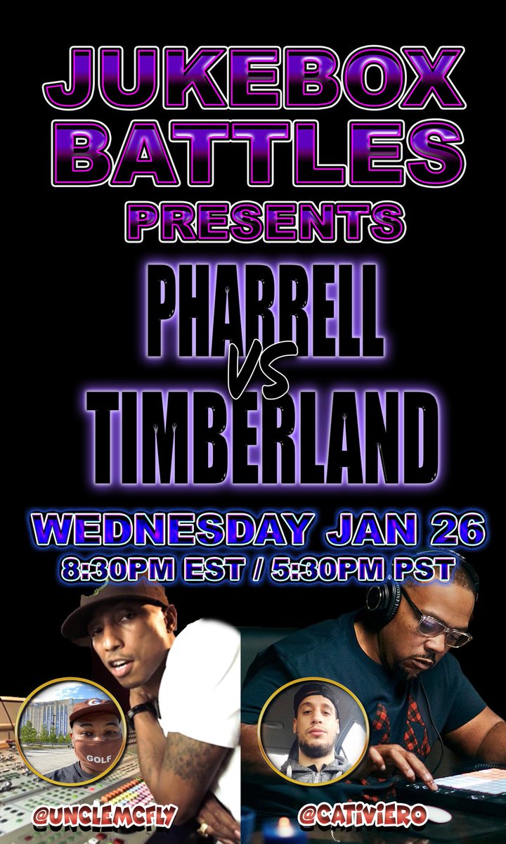 ‼️ WEDNESDAY ‼️

#JukeBoxBattles Presents: Pharrell (<a href="/UncleMcFly/">“UNCLE” CRAIG MCFLY</a>) Vs Timberland (<a href="/cativiero/">Growndistracted.bsky.social</a>)

This will be our first producer battle, why not start off with a BANGER! Come hang out with the gang for a vibe
