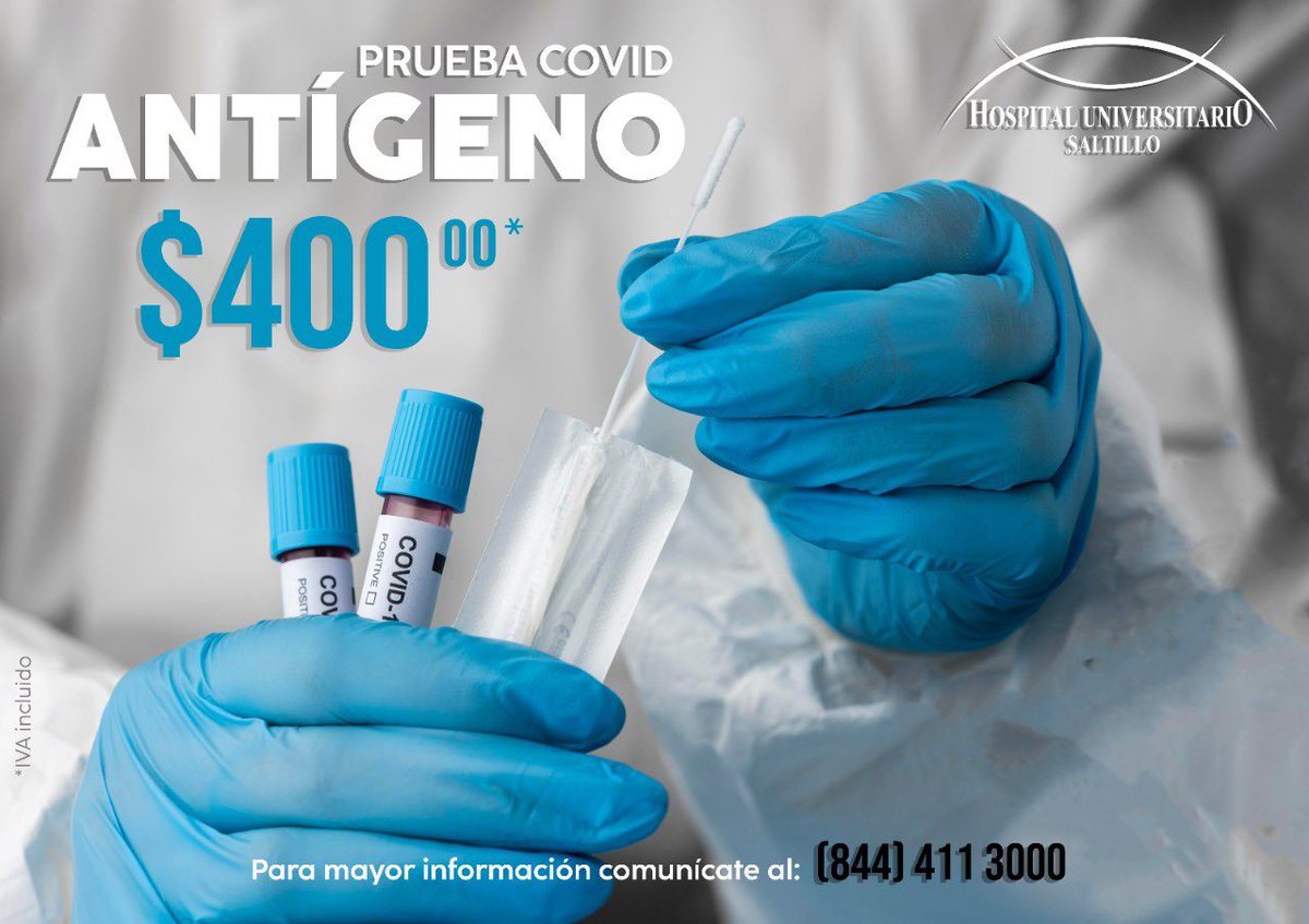 HU_Saltillo's tweet photo. Prueba rápida antígeno $400 
La prueba de antígeno permite la detección del virus COVID-19 🦠
Lunes a Viernes de 8:30 am - 1:00 pm https://t.co/LeEI0pSI7g