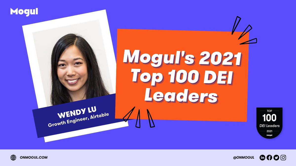 airtable's tweet image. Congratulations to @wendyluwho, Growth Engineering lead at Airtable, for being named one of the Top 100 #DEI Leaders in 2021 by @onMogul! Check out the full list 👉 ow.ly/equX50HC2FP #DEILeaders #LifeAtAirtable