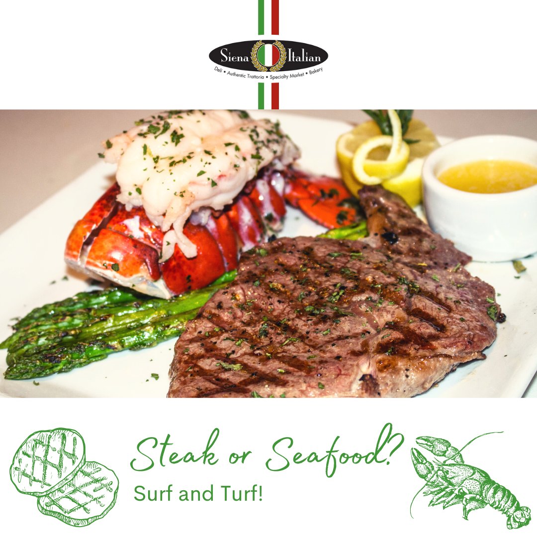 Can't decide on steak or seafood for dinner? You can have the best of both worlds with our Surf &amp; Turf. Whether it's a steak or seafood, we've got the recipes that will make your surf and turf date memorable! ✨

Have your surf &amp; turf served or delivered today!
#siena #italian