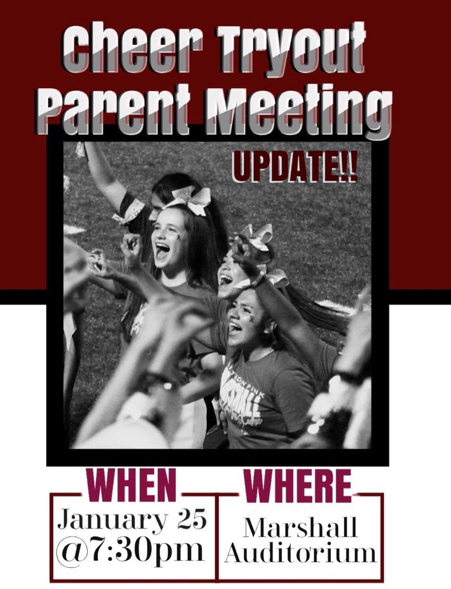 MarshallHSCheer's tweet photo. Make sure you attend the tryout meeting tomorrow to hear how you can be a part of the National Champion John Marshall Cheer Team! https://t.co/afFH0fUAa9