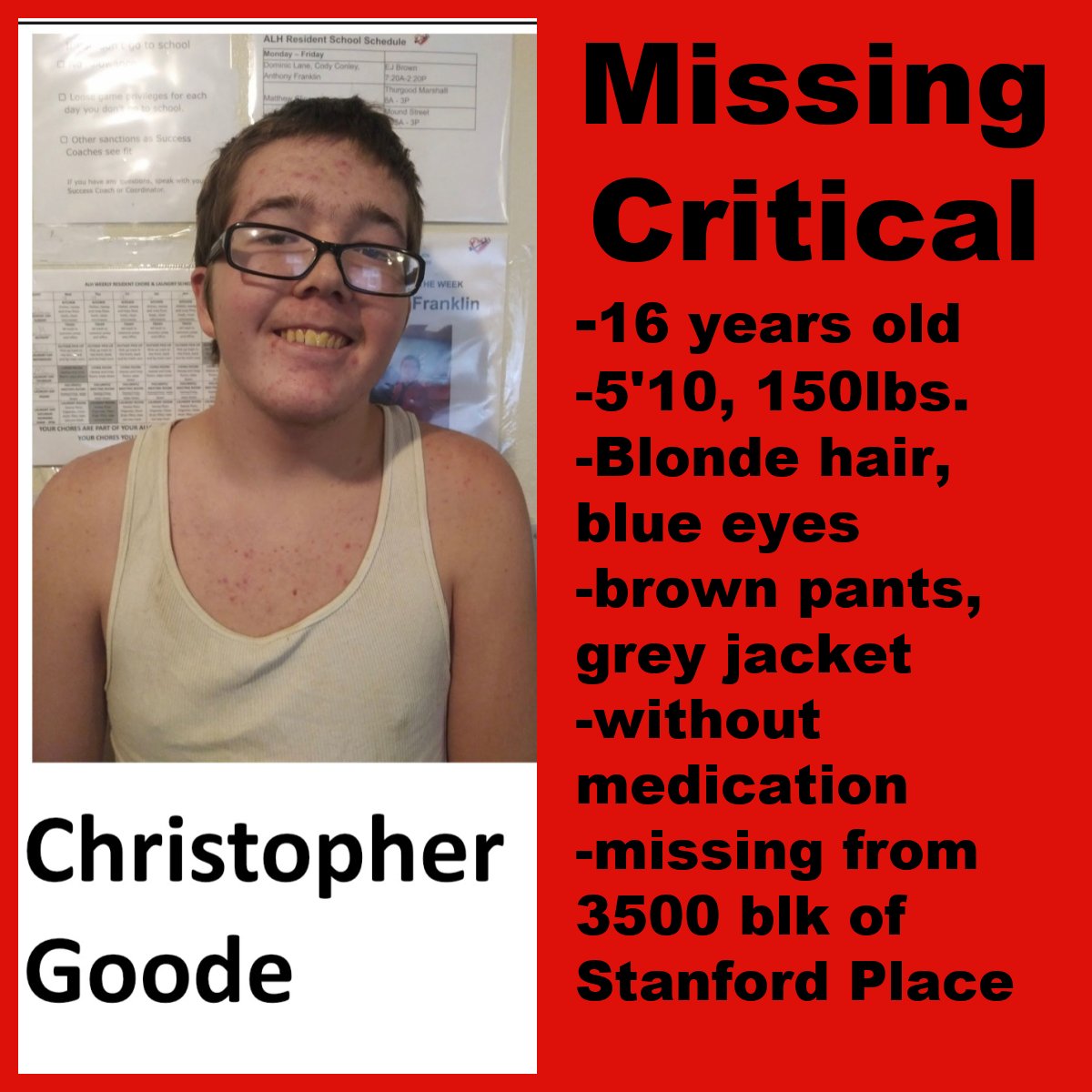 DaytonPolice's tweet photo. #MISSINGCRITICAL #HELPLOCATE Christopher Goode, 16 missing from 3500blk of Stanford Place since 4:30p. He was last seen heading toward Cornell Dr. in brown pants &amp; grey jacket. He's 5'10", 150lbs, blonde hair, blue eyes. He does not have needed medication. Call 911 if seen/found. https://t.co/3Pxd7R4nc3