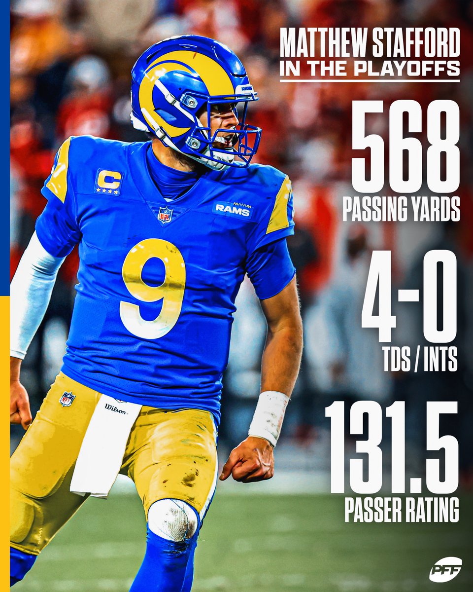 PFF's tweet photo. Matthew Stafford has been lights out in the playoffs 🐏 https://t.co/GBpAMAkVw3