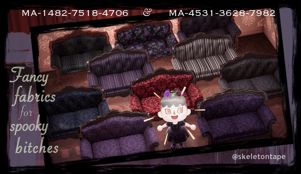 skeletontape's tweet photo. Have some ✨fancy gothic fabric patterns✨ for all your ACNH furniture.

These are split between both of my creator codes. The damask and floral patterns are under my normal account (Lauren), the others are under my 2nd account (Aster). 

#ACNHDesign #ACNHDesigns https://t.co/dC1ZZWOeiC