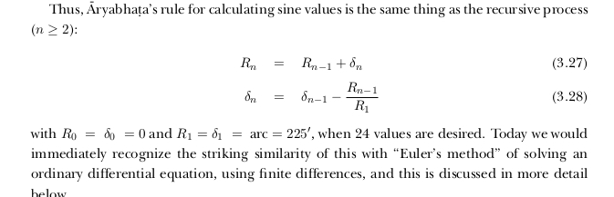 CKRaju14's tweet photo. Aryabhata’s sine “table” has only sine DIFFERENCES. Recursive, NOT algebraic. 

Same as “Euler” method of numerically solving differential equations. Cultural Foundations of Math p. 134. 

Euler wrote on Indian calendar, made “Christian discovery”, not “independent rediscovery”. https://t.co/2Pia4XWUbK