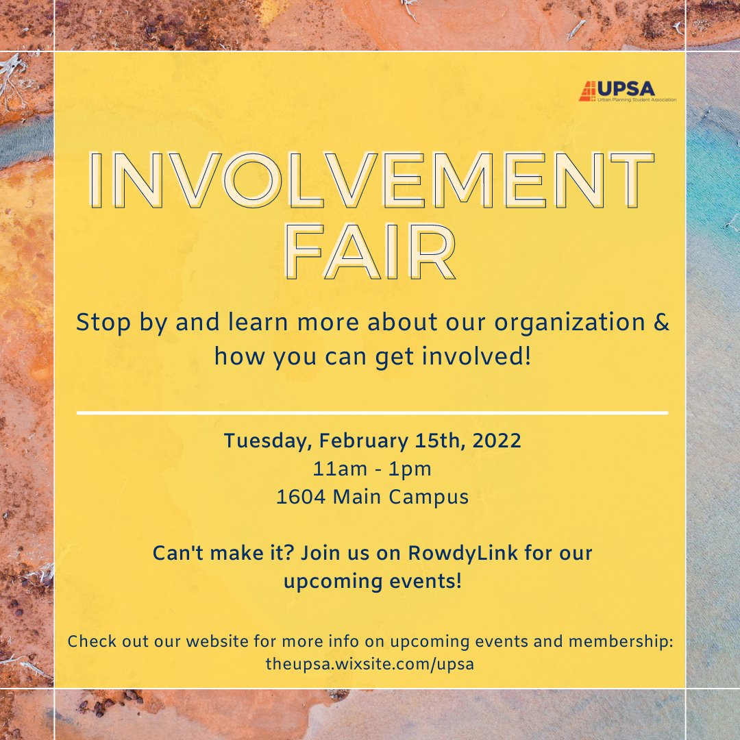 UPSAatUTSA's tweet photo. See you tomorrow at Involvement Fair! #gorunners #utsa #urbanplanning @utsa https://t.co/5ctVjInULU