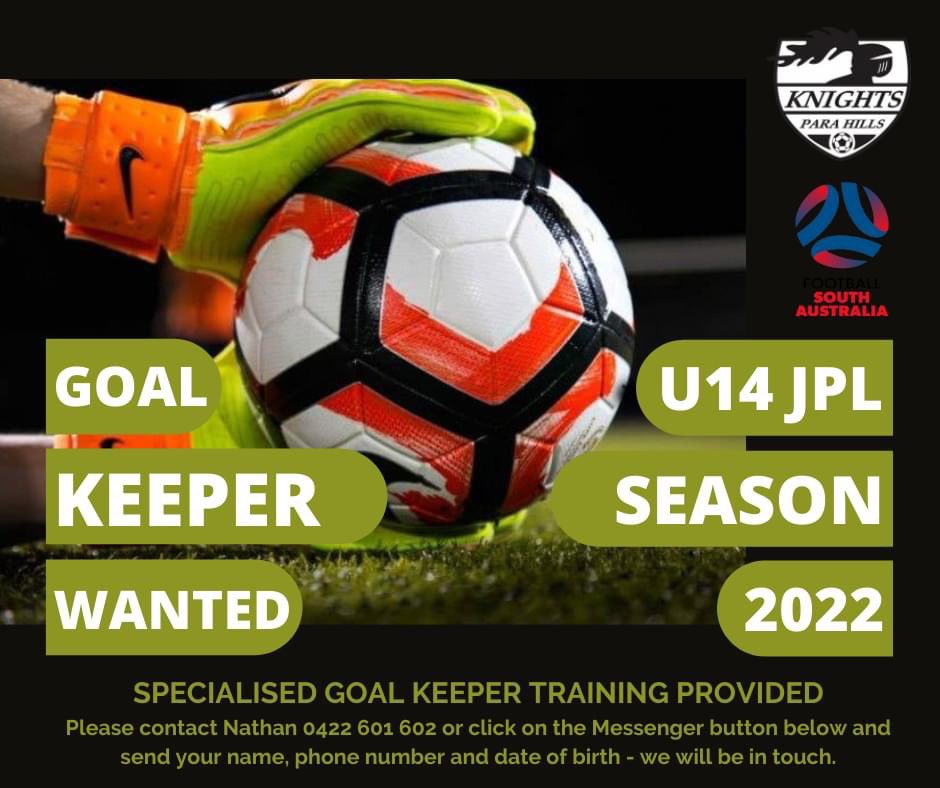 If you would like the opportunity to play in our u14 JPL team as a Goal Keeper please join us this FRIDAY - 6.15pm at Para Hills for a Goal Keeper session - all welcome.
