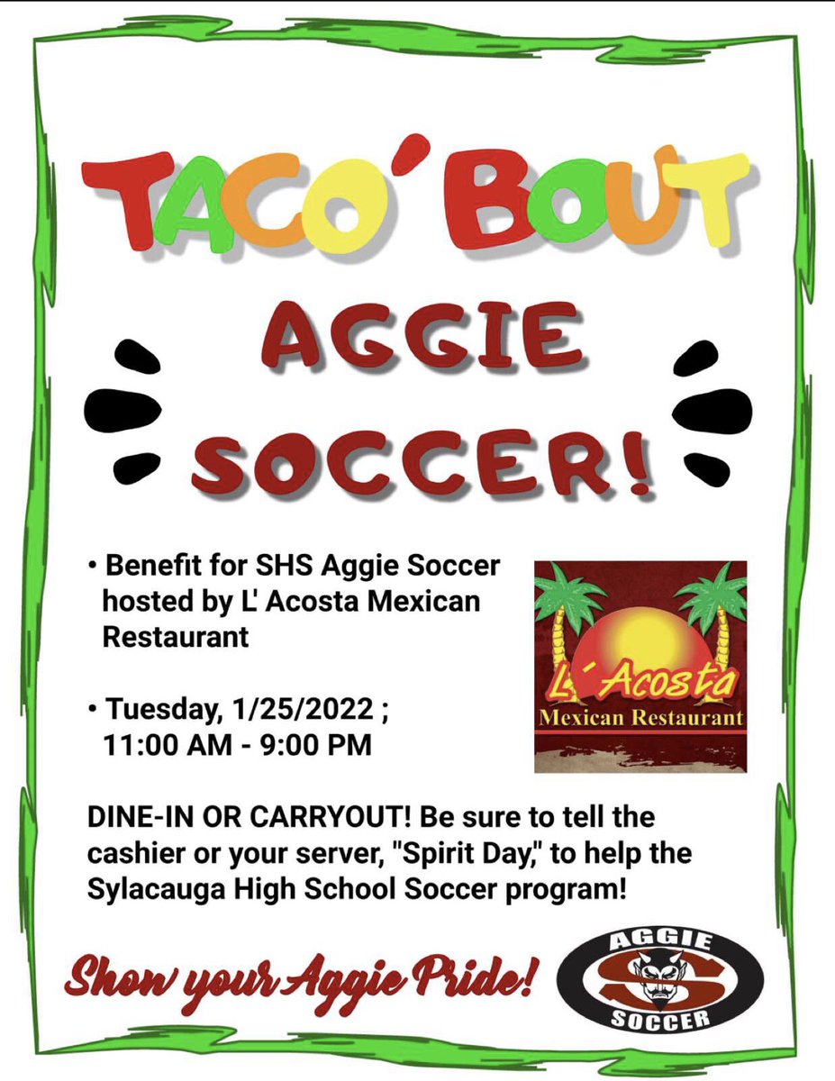 SHSAggieSoccer's tweet photo. We hope you can get to L'Acosta sometime during the day tomorrow for dine-in or for a to-go order! #AggiePride
#SupportLocalBusiness
#SupportSoccer
@Coach_Faircloth @bucsfootball47 @kayceerholmes @Aggie_SportsNet https://t.co/DP3aTOUzIr