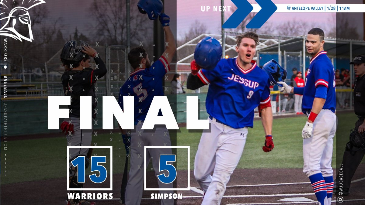 𝐒𝐄𝐀𝐒𝐎𝐍 𝕆ℙ𝔼ℕ𝕀ℕ𝔾 𝐒𝐖𝐄𝐄𝐏 🧹
<a href="/Jessup_BASE/">Jessup Baseball</a> 1️⃣5️⃣, Simpson 5️⃣

NEXT 🆙 at UAV
📅 : January 28
⏰ : 11 AM
📍 : Lancaster, CA

#WErWARRIORS