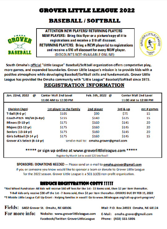 2022 Grover Little League Baseball / Softball registration is now open!

Go to: groverlittleleague.com  and register today.

Or stop by The Center Mall (2nd floor - West doors) near 42nd &amp; Center St. for another in-person registration event on Saturday, February 5th @ 11am-12pm.