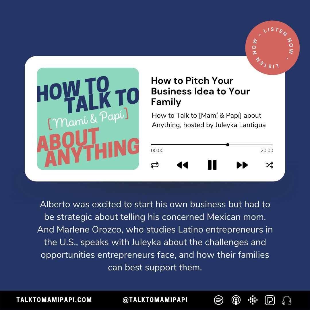 I recently shared my expertise on Latino Entrepreneurship on @talktomamipapi podcast.

If you are a first-gen or immigrant, and want to share a tough conversation you’ve had — or are actively avoiding — with a parent or loved one, email Virginia at virginia@lwcstudios.com.