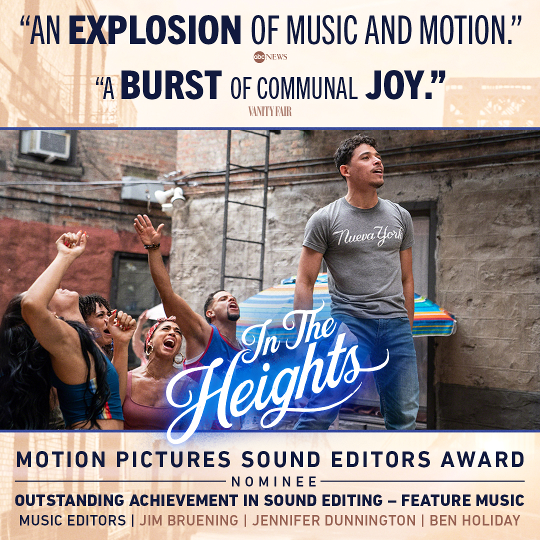 In The Heights Movie (@intheheights) on Twitter photo #InTheHeights has been nominated for the <a href="/MPEG700/">Motion Picture Editors Guild - Local 700</a> Golden Reel Award for Outstanding Achievement in Sound Editing - Feature Music! Congratulations to the entire music department on your incredible work! #InTheHeights has been nominated for the <a href="/MPEG700/">Motion Picture Editors Guild - Local 700</a> Golden Reel Award for Outstanding Achievement in Sound Editing - Feature Music! Congratulations to the entire music department on your incredible work!