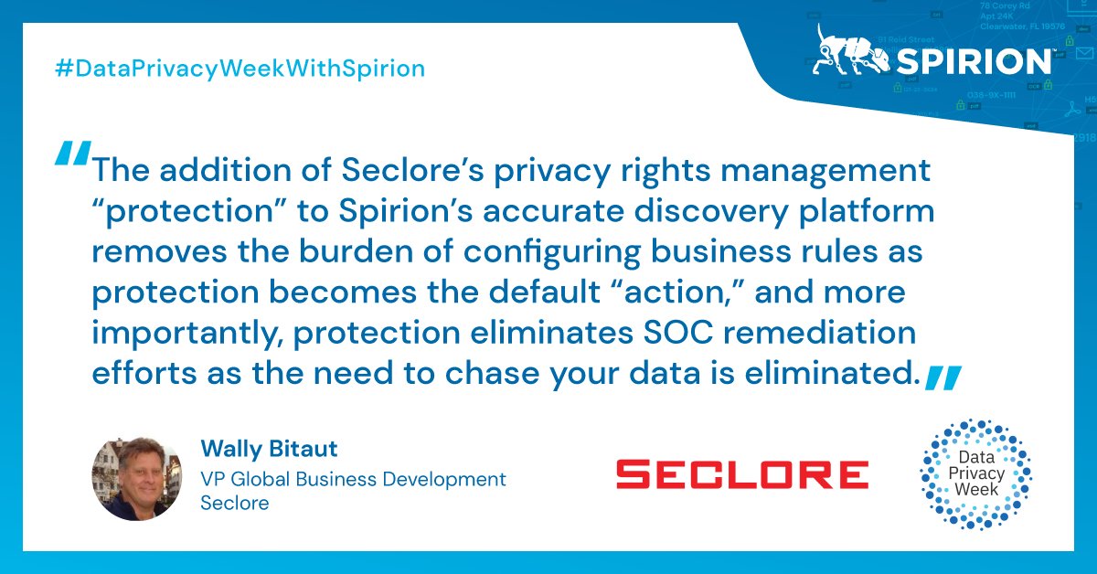 Spirion's tweet photo. Partnering with @secloretech has allowed us to deliver even better protection for customers. Wally Bitaut shares how protection is more easily achieved and prioritized in their latest innovation. Follow #DataPrivacyWeekWithSpirion for more insights! #seclore #datacentricprivacy https://t.co/de236ttjOp