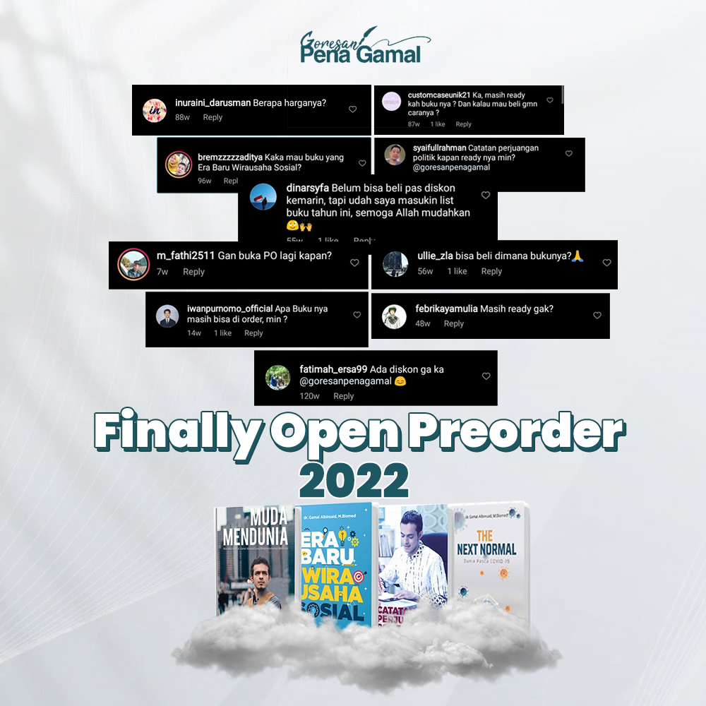 Gamal_Albinsaid's tweet photo. Yang kemarin-kemarin tanya-tanya. 😉

Finally we open preorder.
Kuy cek ke @PenaGamal sebelum menunggu 1 tahun lagi. 😅 https://t.co/wnrRNnJDT8