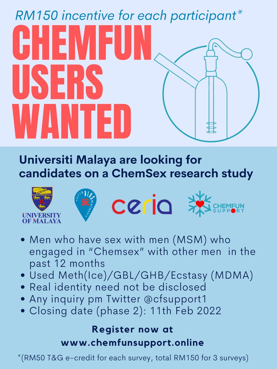 Dear fellow chem users: Join our online intervention today on Chemsex harm reduction and get rewarded with RM150 e-credit. Register at chemfunsupport.online before 11th of Feb, 2022. #UniversityMalaya #CERiA #harmreduction