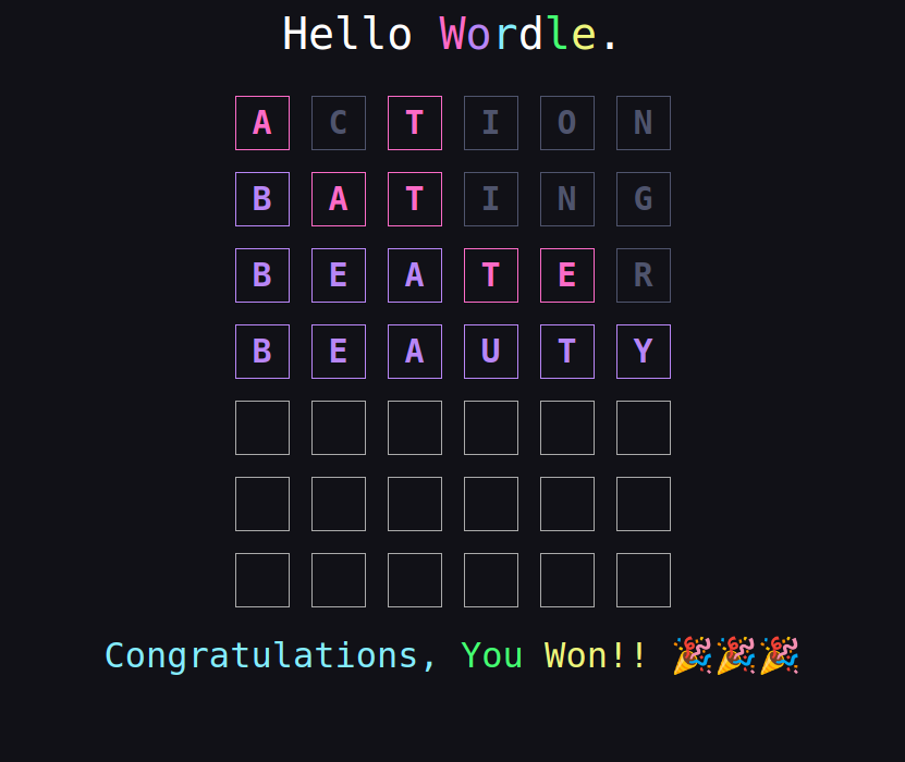 Working on a Wordle Clone called "Hello Wordle" using colors from the Dracula Theme!🧛

I still need to add a virtual keyboard and add more than 5 words to my array, but it's coming along nicely!

#Wordle #Dracula #clone #WomenWhoCode #javascript