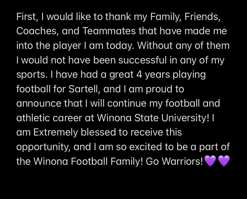 110% COMMITTED‼️Proud to be a Winona State Warrior.💜<a href="/CoachHoltzclaw/">Joe Holtzclaw</a> <a href="/Coach_Bergy/">Brian Bergstrom</a> <a href="/Rocco_DiMeco/">Rocco DiMeco</a> <a href="/WinonaStateFB_/">Winona State Football</a> <a href="/SartellSabreFB/">Scott Hentges</a>