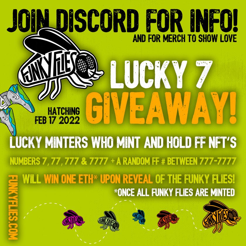 Hatching FEB 17! Who’s feeling lucky!!?#NFTCommunity #NFTGiveaway #NFTartists #NFTProject #NFTDropsCalendar  join discord for a WL spot. Whitelist closes FEB 7th!! #LFG #flyarmy #getfunkyfky 🚀 with a chance to mint any one of the seven 1 of 1’s!!!