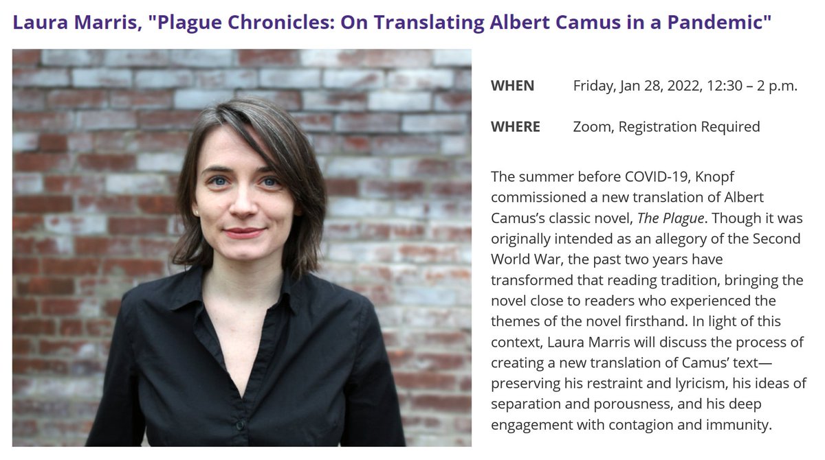 uw_translation's tweet photo. Join us Jan 28, 12:30 - 2 p.m. PST for our first 2022 colloquium, "Plague Chronicles: On Translating Albert Camus in a Pandemic" with writer & translator @lauramarris.
Registration required: https://t.co/AftKghw3PJ
#FrenchLit #translation https://t.co/z0S79LY5jM