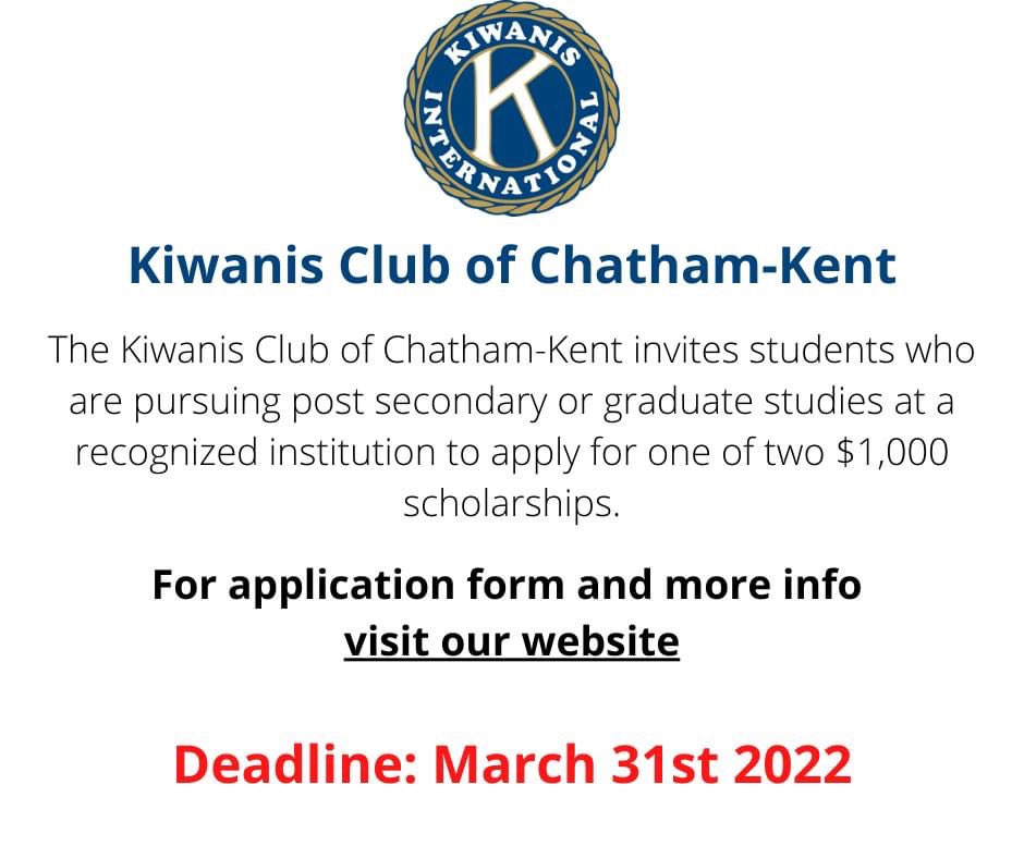 It’s that time of year again #ckont! Are you a student looking for scholarship opportunities for post-secondary? Learn more about the #Kiwanis scholarships and apply here: chatham-kentkiwanis.com/scholarships/