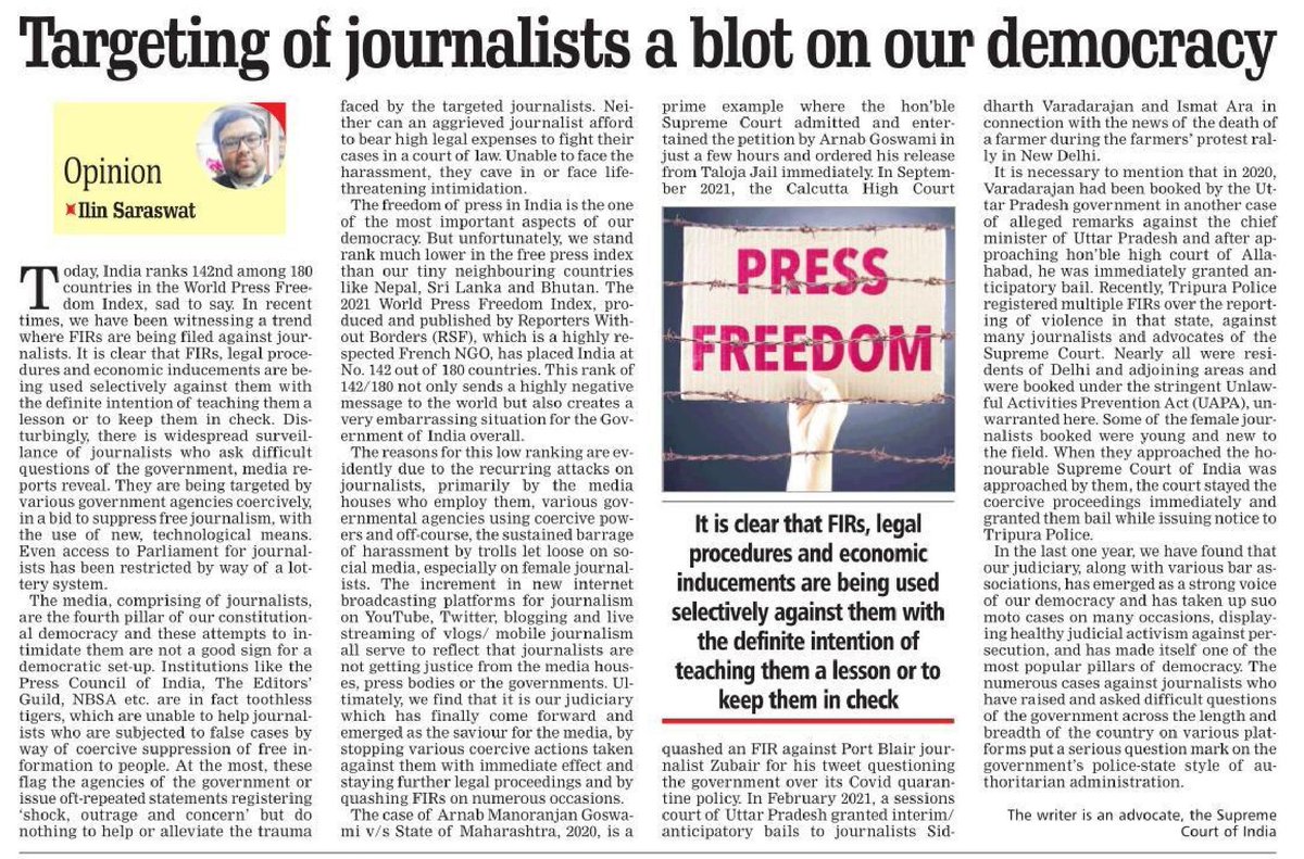 fpjindia's tweet photo. Targeting of #Journalists a blot on our #Democracy
- by Ilin Saraswat (@iamAttorneyILIN)
#FPJEdit #FPJEditorial #News #India #Journalism
https://t.co/GCUBVQGcFh https://t.co/vLaWDl4Ili