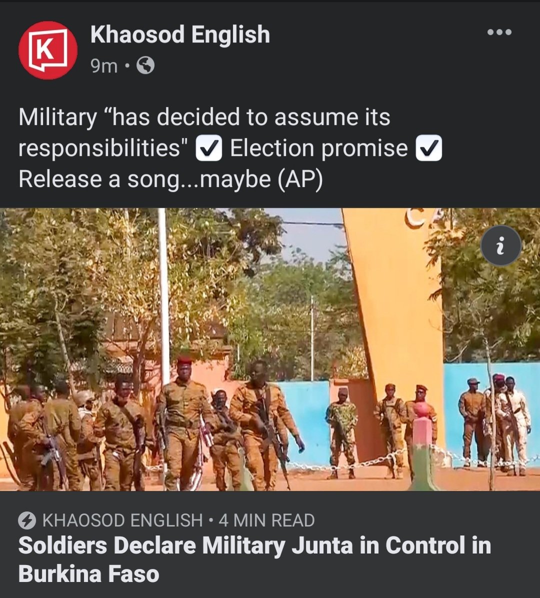 ทหารบูร์กีนาฟาโซก่อรัฐประหารยึดอำนาจ มีแต่ประเทศด้อยพัฒนาชื่อแปลกๆอย่างนี้และกะลานีเซียนี่แหละที่ยังใช้วิธีการป่าเถื่อนใช้ปืนยึดอำนาจในศตวรรษที่ 21 >ท่านนายกฯประยุทธ์เห็นด้วยไหม?
#ป #ทหาร #รัฐประหาร 
#ม็อบ24มกรา65 #กะลานีเซีย #บูร์กีนาฟาโซ