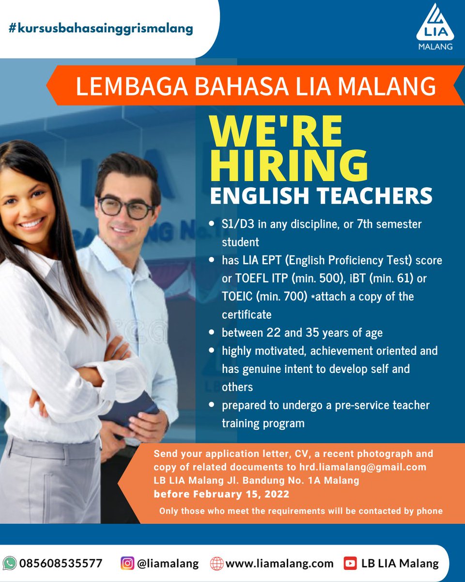Let's join our team!

#cruitment #hiringteachers #teachersrecruitment #lowongankerjaguru #jobseeker #lowongankerja #englishteachers #lowongankerjamalang #gurubahasainggris #lbliamalang #liamalang