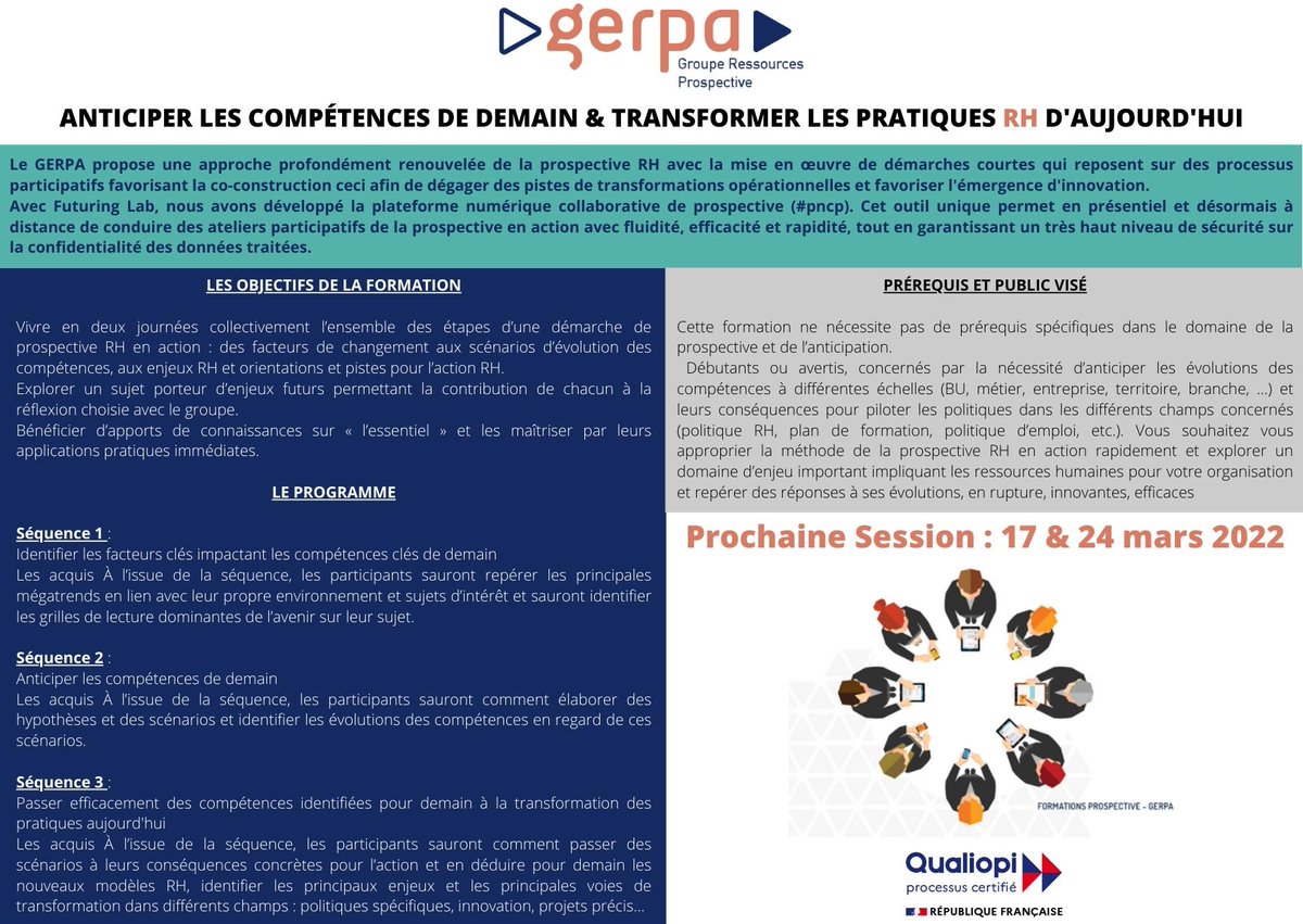 FuturingLab's tweet image. Voici les dates de notre prochaine formation à la prospective RH en action :
📆 Jeudi 17 mars 2022 &amp;amp; Jeudi 24 mas 2022

La méthode de la prospective RH en action. Pour être en capacité d’explorer un domaine d’enjeu important impliquant les ressources humaines.
@Gerpa20 #pncp