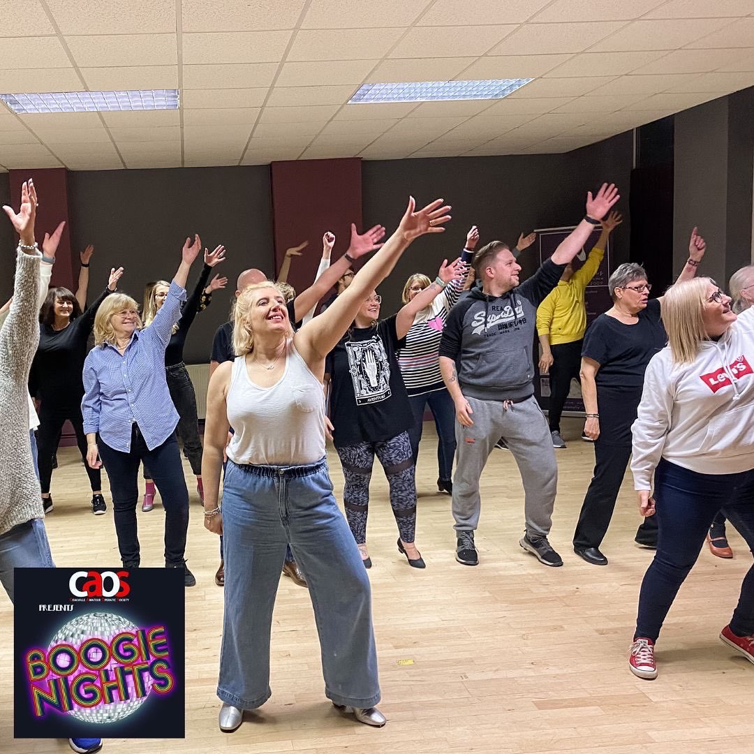 CAOSchair's tweet photo. Our cast of ‘Boogie Nights’ are having a ball in rehearsals and there’s now just 4 WEEKS until opening night! 🕺🏼⭐️ TICKETS AVAILABLE 
🎟 https://t.co/kIrgG7fGSz
📞 Box office 07557 979302 
🎭 22nd - 26th February 2022
📍 Iveshead School, Shepshed, LE12 9DB
#CAOS #BoogieNights2022 https://t.co/BszikYSUl3