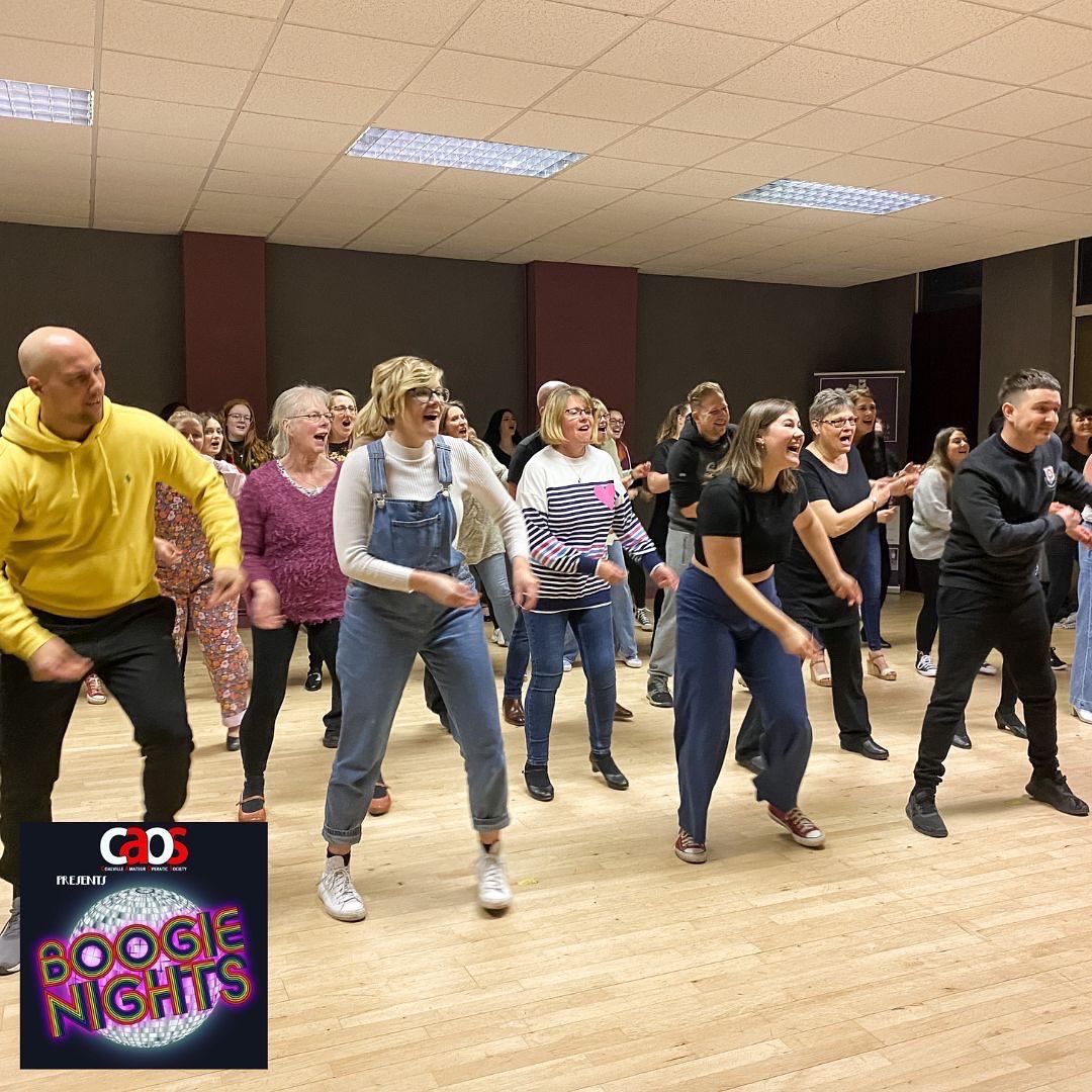 CAOSchair's tweet photo. Our cast of ‘Boogie Nights’ are having a ball in rehearsals and there’s now just 4 WEEKS until opening night! 🕺🏼⭐️ TICKETS AVAILABLE 
🎟 https://t.co/kIrgG7fGSz
📞 Box office 07557 979302 
🎭 22nd - 26th February 2022
📍 Iveshead School, Shepshed, LE12 9DB
#CAOS #BoogieNights2022 https://t.co/BszikYSUl3