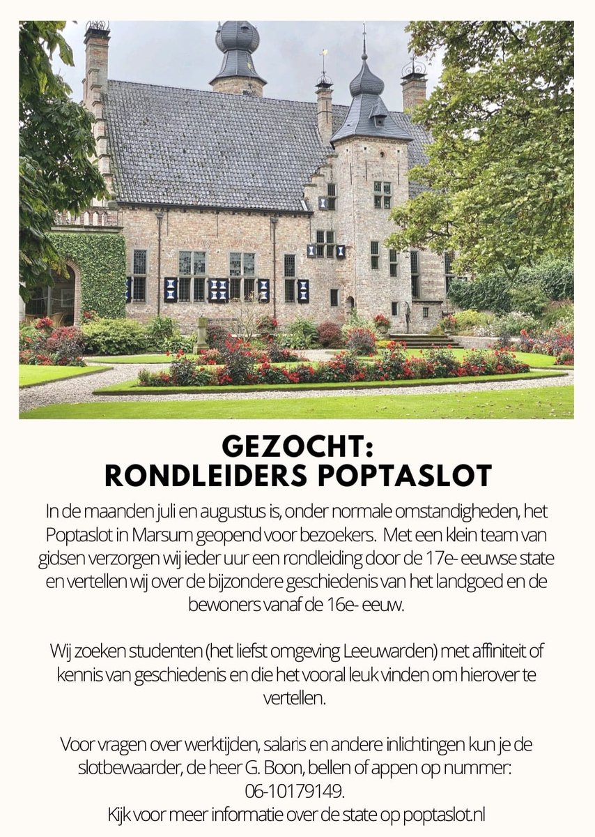Het is nog koud maar wij dromen al over de mooiste zomerbaan van Fryslân! Wij hopen deze zomer weer bezoekers te mogen ontvangen en te vertellen over de geschiedenis van ons landgoed. Daarom zoeken wij studenten die rondleidingen willen geven! #poptaslot #marsum #fryslan