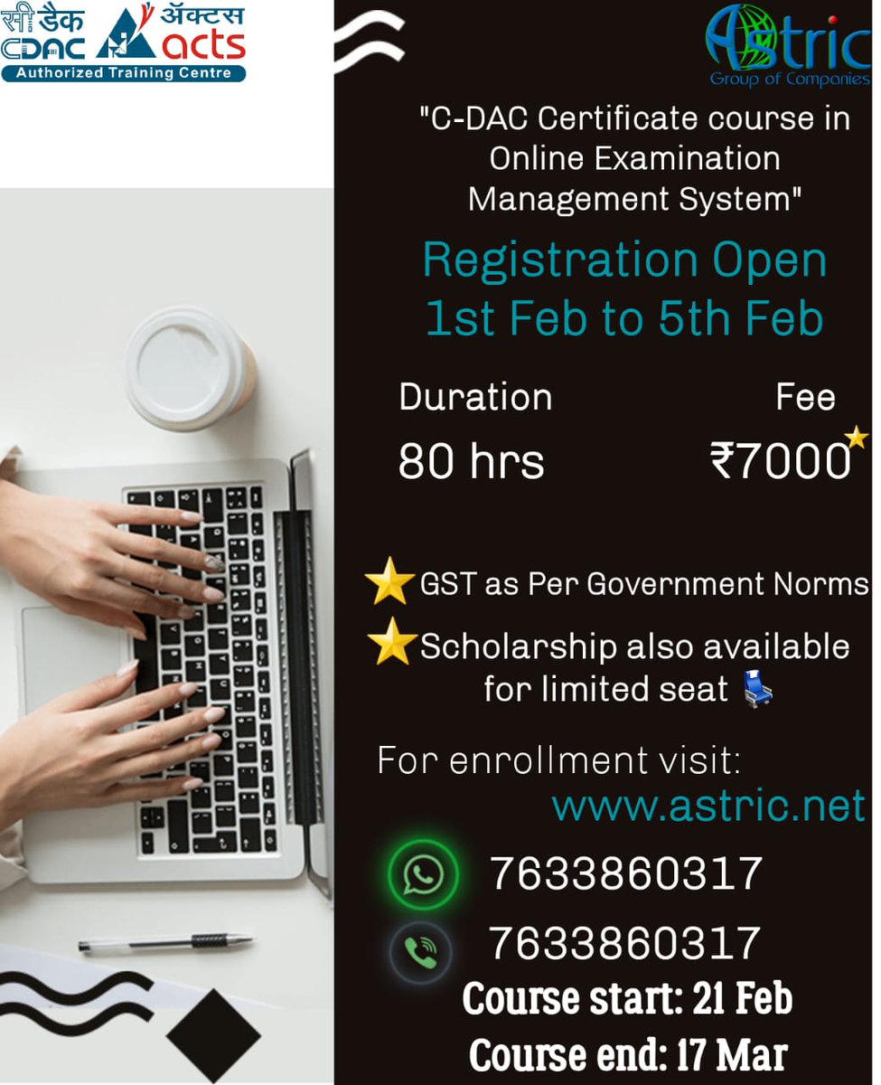 CdacAtc's tweet image. GRAB THE OPPORTUNITY!!!
Admission Announcement for C-DAC Certificate courses in Online Exam Management System Feb 2022 Batch  astric.net/Forms/frmEnqui…