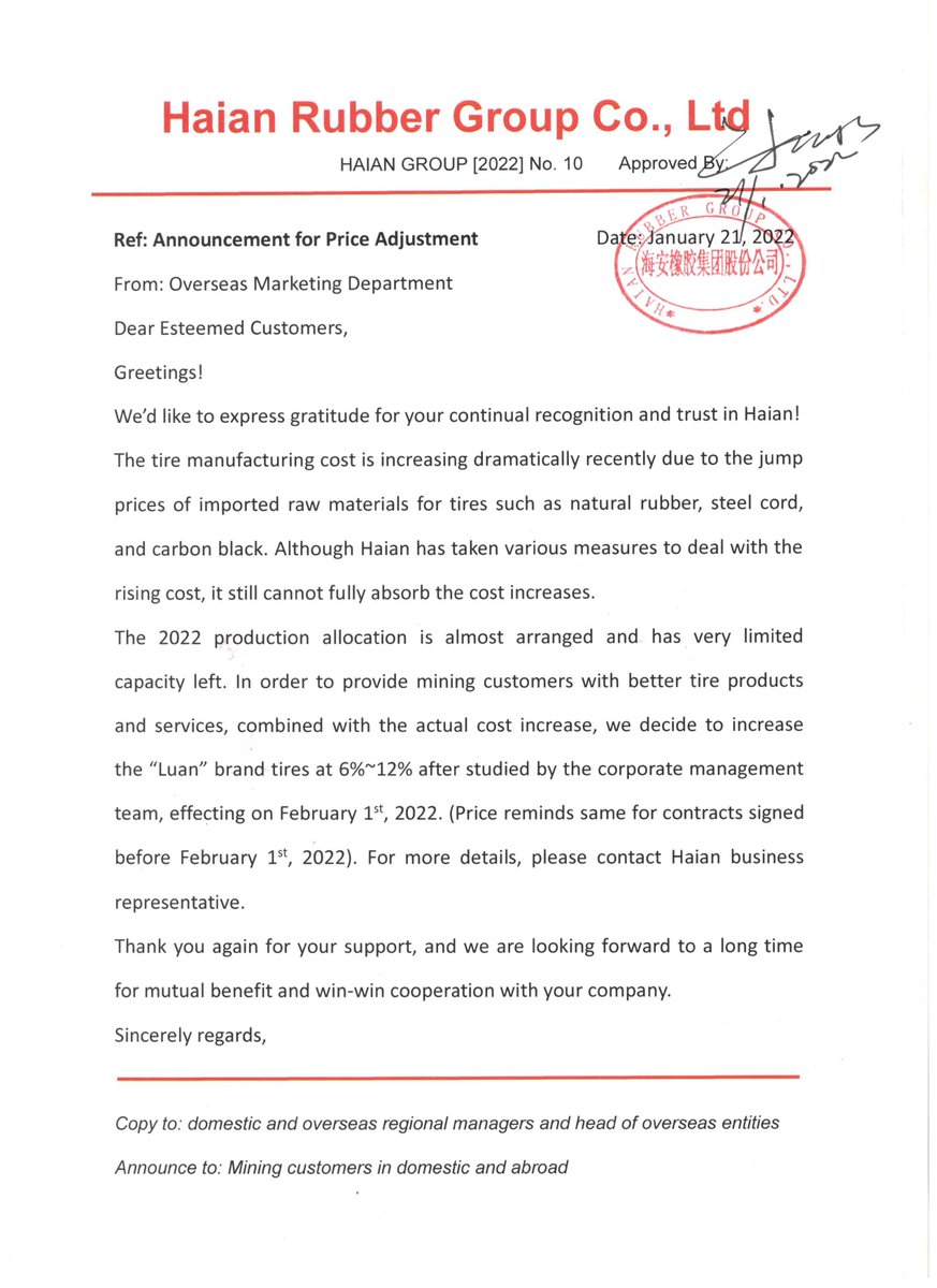 HaianTyre's tweet photo. #priceincrease #miningtires 

In order to provide mining customers with better tire products and services,combined with the actual cost increase, we decide to increase the "Luan" brand tires at 6%~12% after studied by the corporate management team,effecting on February 1st,2022. https://t.co/CHxuK6A3ur
