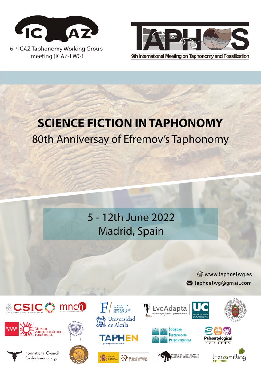 TaphosTwg's tweet photo. #Taphos’20 meeting with the 6th Taphonomy Working Group #ICAZ conference will take place in Alcalá de Henares (Madrid) from 5th to 12th of June 2022.
Abstracts for your poster/oral presentations can be sent until the 20th of March, 2022.
🖥️https://t.co/TGzkx1TyeO https://t.co/4auBLvg4pw