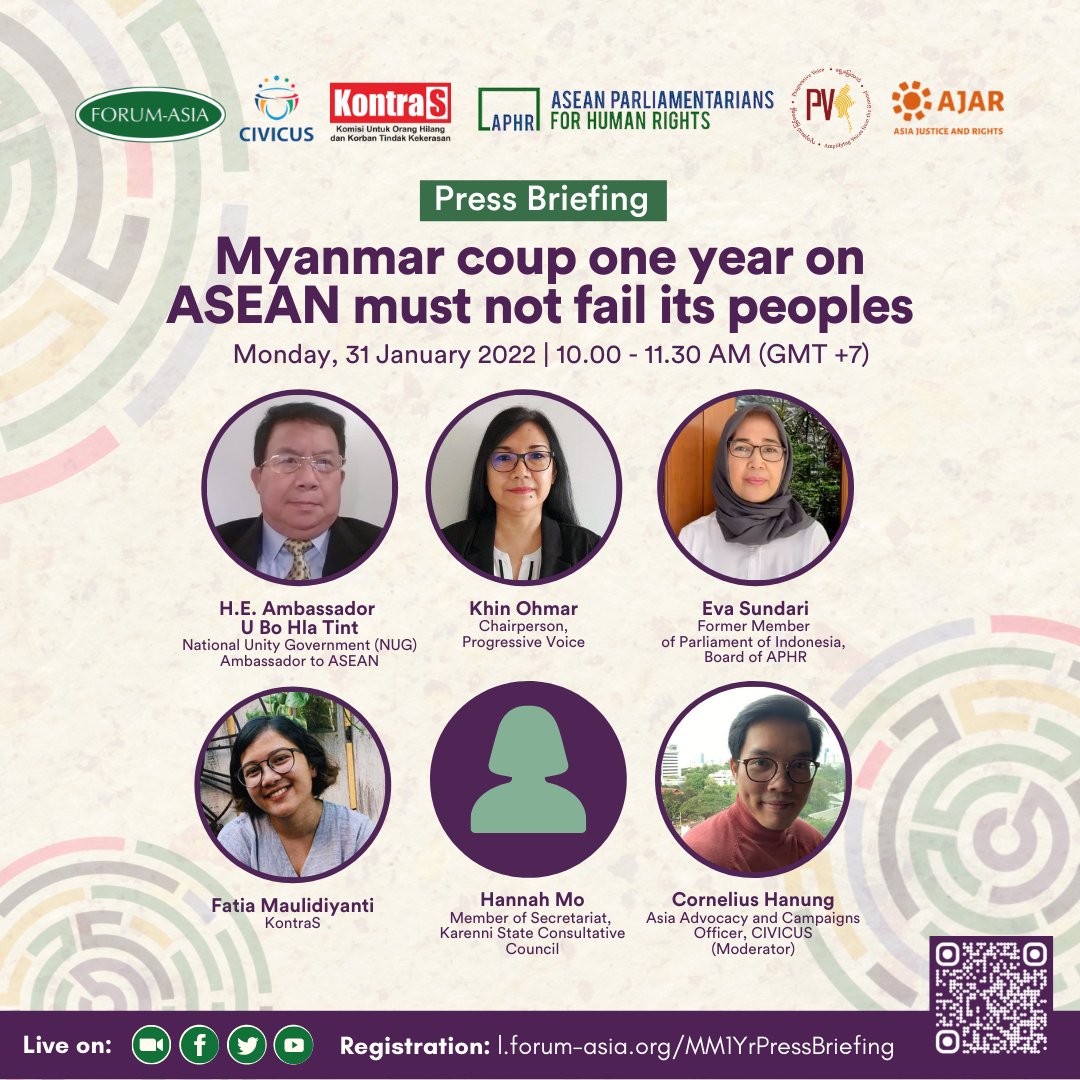 forum_asia's tweet photo. Commemorating one year of the #Myanmar military coup, ASEAN States need to step up their efforts with the international community to scrutinise the junta’s action for its grave #humanrights violations.

Join the press briefing▶️https://t.co/o9aJ9gMjkp

#WhatsHappeninginMyanmar https://t.co/WlwTk3wEQp