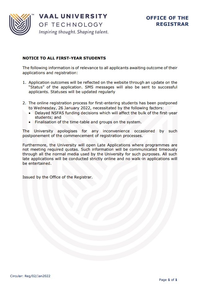 vutcampustv's tweet photo. Late Applications and Registration Update from @VUT_Online

https://t.co/GoP3v4FYIK https://t.co/RChjikWhgJ