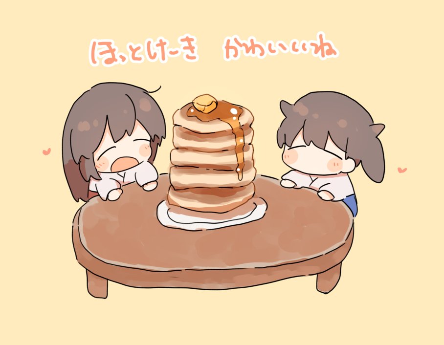 akagi (kancolle) ,kaga (kancolle) multiple girls pancake 2girls japanese clothes long hair table heart  illustration images