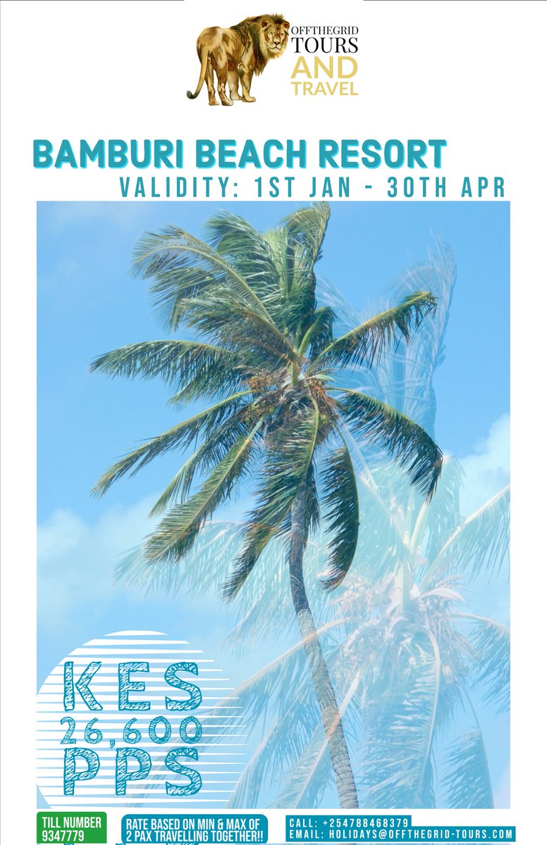 OffthegridT's tweet photo. From Nairobi to Mombasa, Book Your 3 Nights All Inclusive Stay At Bamburi Beach Resort.. Package Includes All Meals, Drinks, Transport (SGR) &amp; Transfers... Call/Text/WhatsApp +254788468379 or Email: holidays@offthegrid-tours.com

#MagicalKenya #OFFTHEGRIDTOURS #beachlife #Mombasa https://t.co/e1NLq7AquB