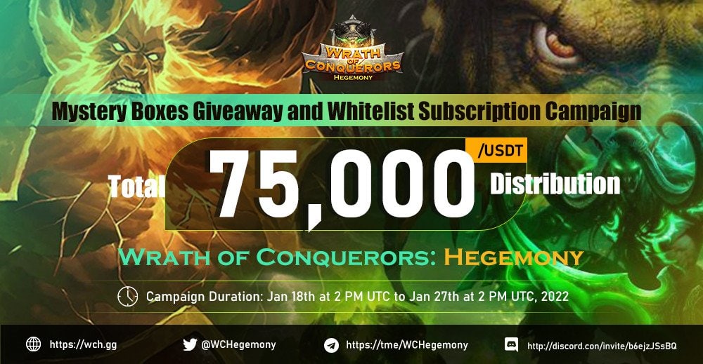 🚀 Airdrop: Wrath of Conquerors: Hegemony 💰 Value: $75,000 #USDT Pool 👥 Referral: $500 Mystery Boxes 📒 Partnership: Expansion Game, AFKDAO,BlockOnomi, Coincodex 📅 End Date: 27th January, 2022 Go to the Airdrop Page bit.ly/3qSd8La #Airdrop #Crypto #Airdrops