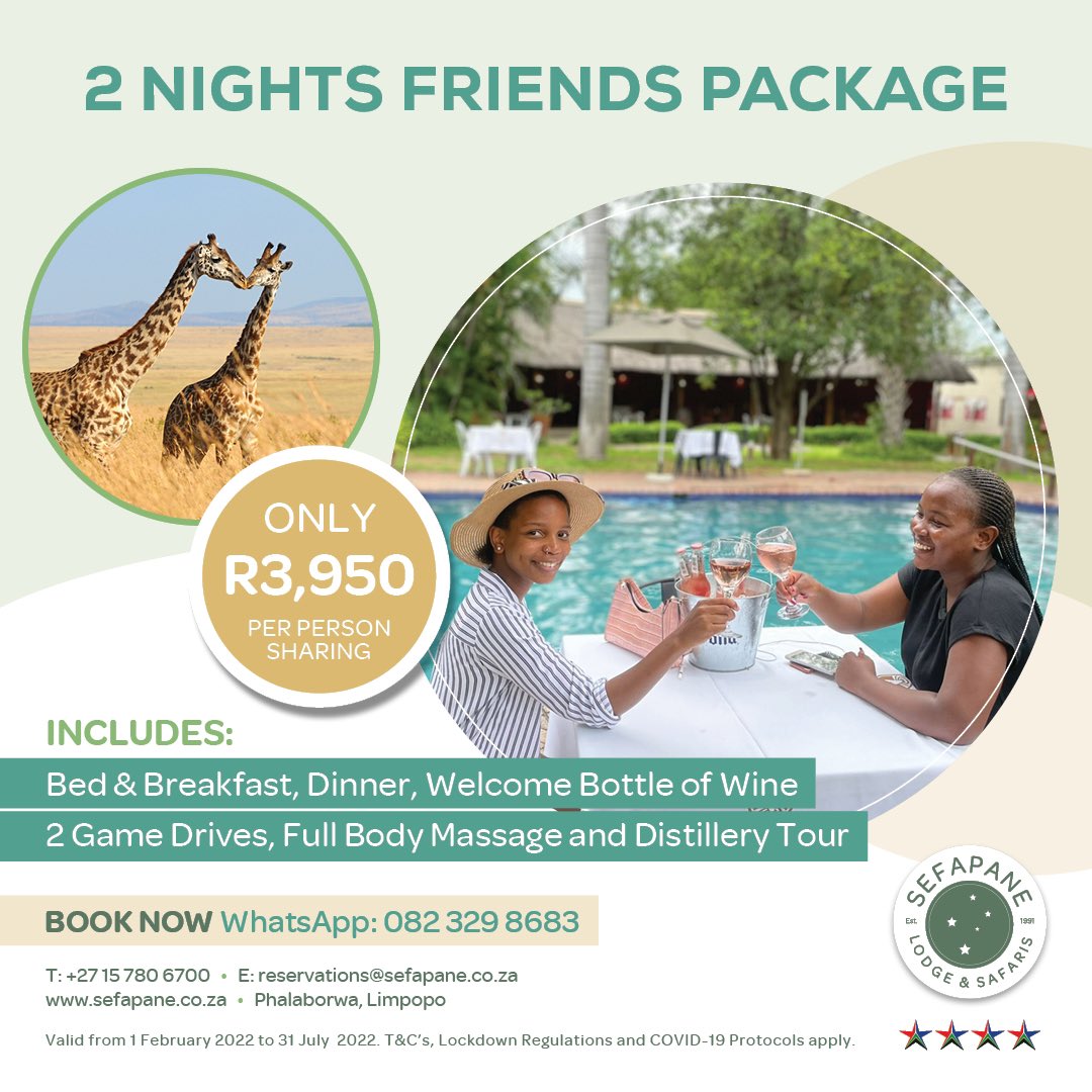 🏖 Sefapane 2022 Friends Package🏖

The package that you’ve been waiting for is finally here!

Stay for 2 nights with the following included 😎
✅Luxury Room
✅Dinner
✅welcome  Bottle of Wine
✅2 Game Drives
✅Full Body Masage
✅Distillery Tour