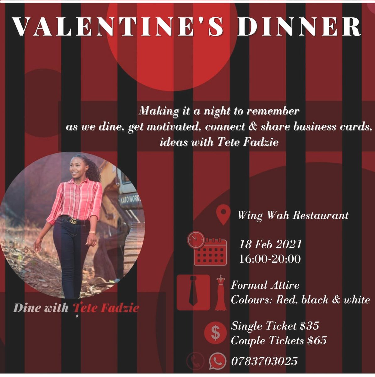 KaelaMiky's tweet photo. If you have always wanted to meet the beautiful Tete Fadzie there is your chance. Book yr seat &amp; dine on the same table with Tete.
For $35 single tickets &amp; $65 couple's ticket come dine, celebrate love &amp; connect.
If you are into business do bring your business cards.
Rt https://t.co/1DbMUqa6wF