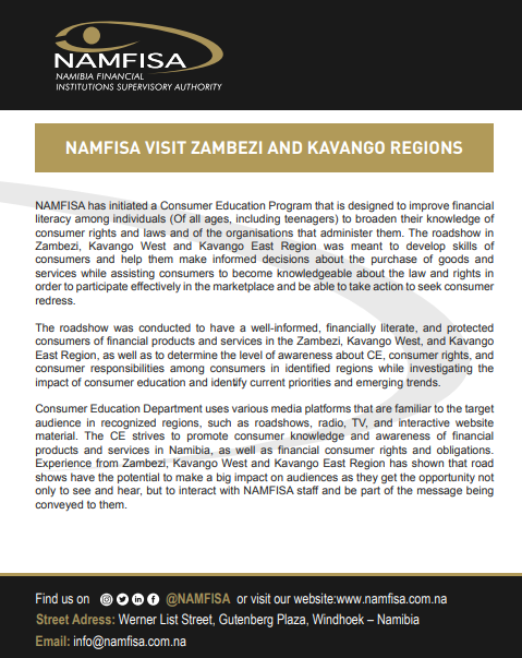 namfisa's tweet photo. NAMFISA continues its role in improving consumers' knowledge on financial products and services in Namibia. Read more on this from their visit to the Zambezi and Kavango regions. #NAMFISA #consumerknowledge https://t.co/bUEvWanIOa