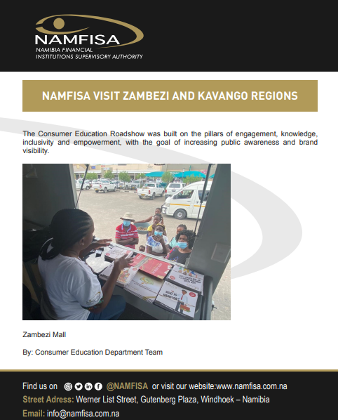 namfisa's tweet photo. NAMFISA continues its role in improving consumers' knowledge on financial products and services in Namibia. Read more on this from their visit to the Zambezi and Kavango regions. #NAMFISA #consumerknowledge https://t.co/bUEvWanIOa