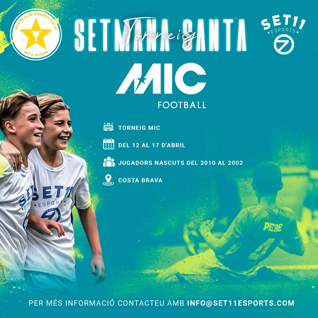 Set11E's tweet photo. Per Setmana Santa, Set11 Sports i el futbol no s'aturaran! 

Participarem als prestigiosos #tornejos #ITE (Internacional Terres de l'Ebre) i #MIC (Mediterranean Internacional Cup) 🔝🏆

Us hi esperem!😉

Per més informació, contacta amb nosaltres! https://t.co/NGmFFIooXC