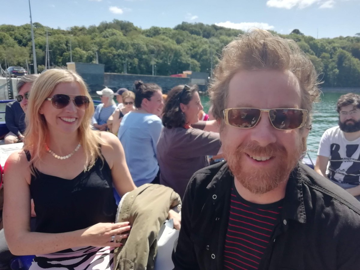 Nadine O'Regan and Kevin Barry on the boat to Whiddy Island with their audience for an event during #WCLF2019 #ArtsCouncilAt70