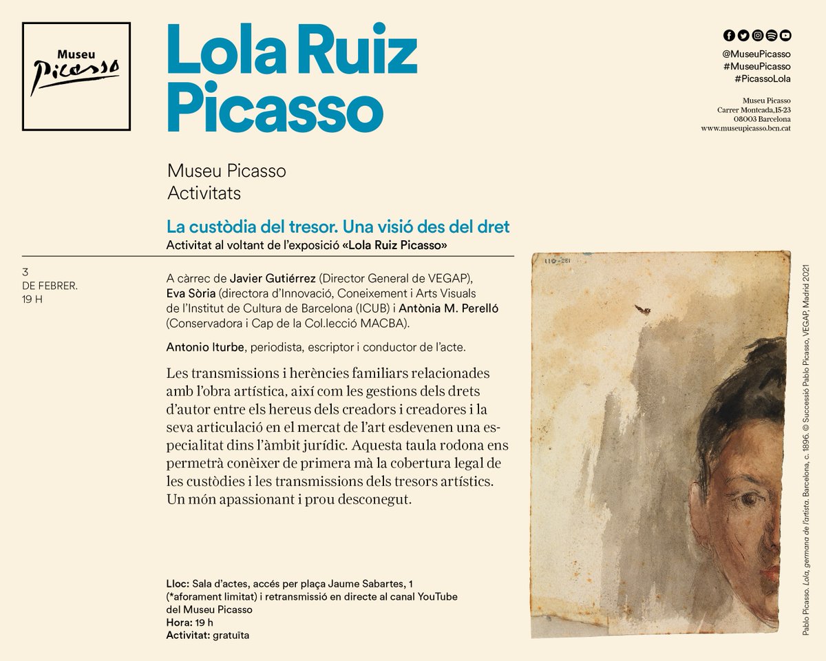✨Tant si ja has visitat #PicassoLola com si ho fas aviat, no et perdis les converses al voltant de l'exposició.
⁉️Com preserven i gestionen, els hereus, les obres d'art? 
👉🏻 Acompanya'ns el 03/02, presencialment o en streaming, per descobrir-ho! bit.ly/3qZbgk7